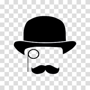 Black silhouette of a bowler hat, monocle, and mustache on transparent background.