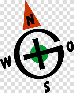 Stylized compass logo with orange north arrow, black cardinal directions (N, S, E, W), green center, and transparent background.