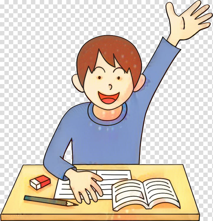 Happy student raising hand at desk with book, pencil, and eraser.