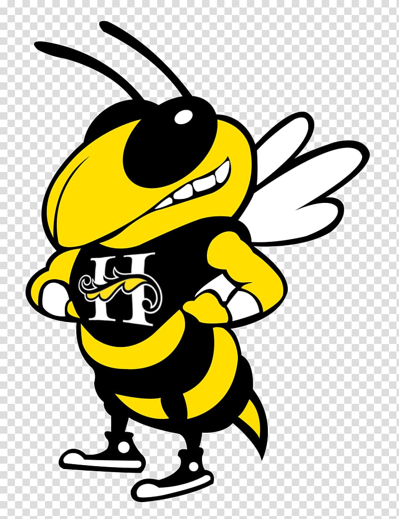 Cheerful yellow-and-black bee mascot wearing a black shirt with ornate white "H" logo, smiling and posing confidently.