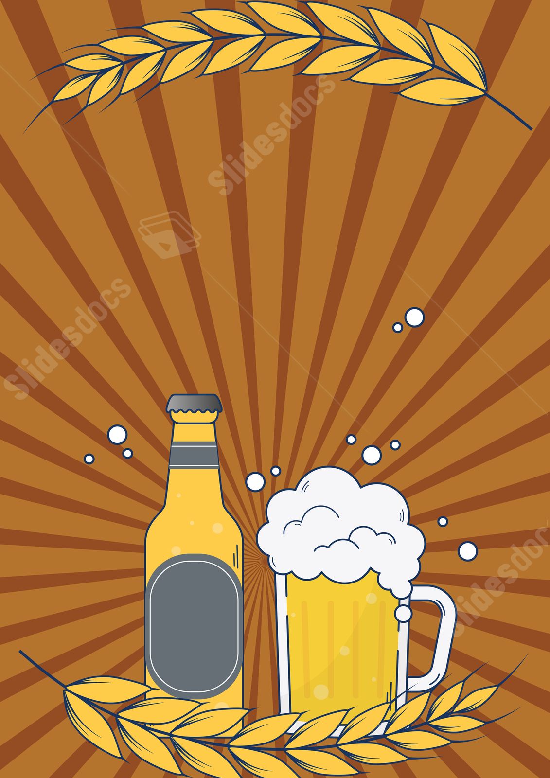 Beer bottle and frothy mug with wheat stalks on a sunburst brown background.