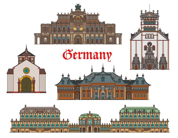 Illustrated collection of iconic German architectural landmarks including palaces, churches, and historic buildings.