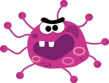 Playful purple cartoon virus with big eyes, fangs, and multiple arms on a transparent background.