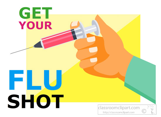 Hand holding a syringe with red liquid, promoting flu vaccination with bold text "GET YOUR FLU SHOT".