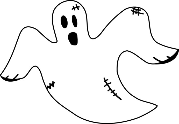 Cartoon ghost with stitched patches, wide eyes, and open mouth, floating with flowing arms and legs.
