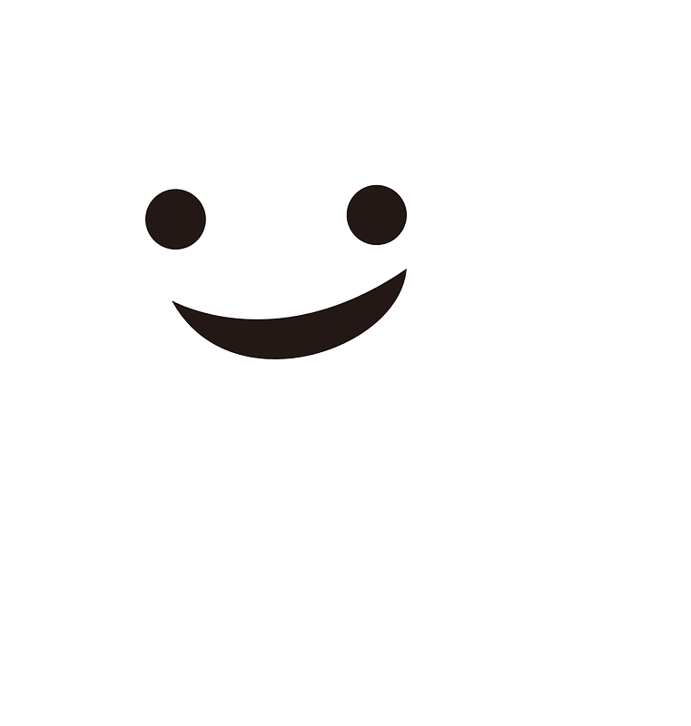 Friendly white ghost icon with smiling face and simple black eyes on green background.