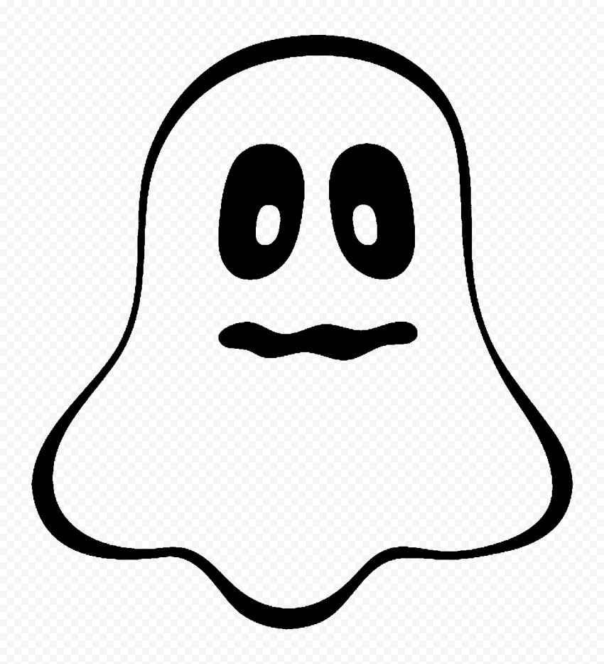 Simple black-and-white cartoon ghost with large oval eyes and a wavy mouth on transparent background.
