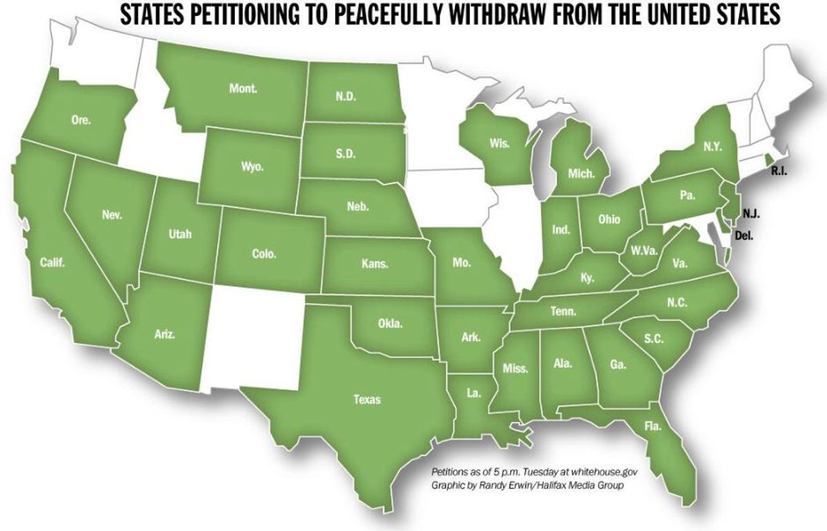 Map showing U.S. states petitioning to peacefully withdraw from the United States, as of Tuesday 5 p.m. at whitehouse.gov.