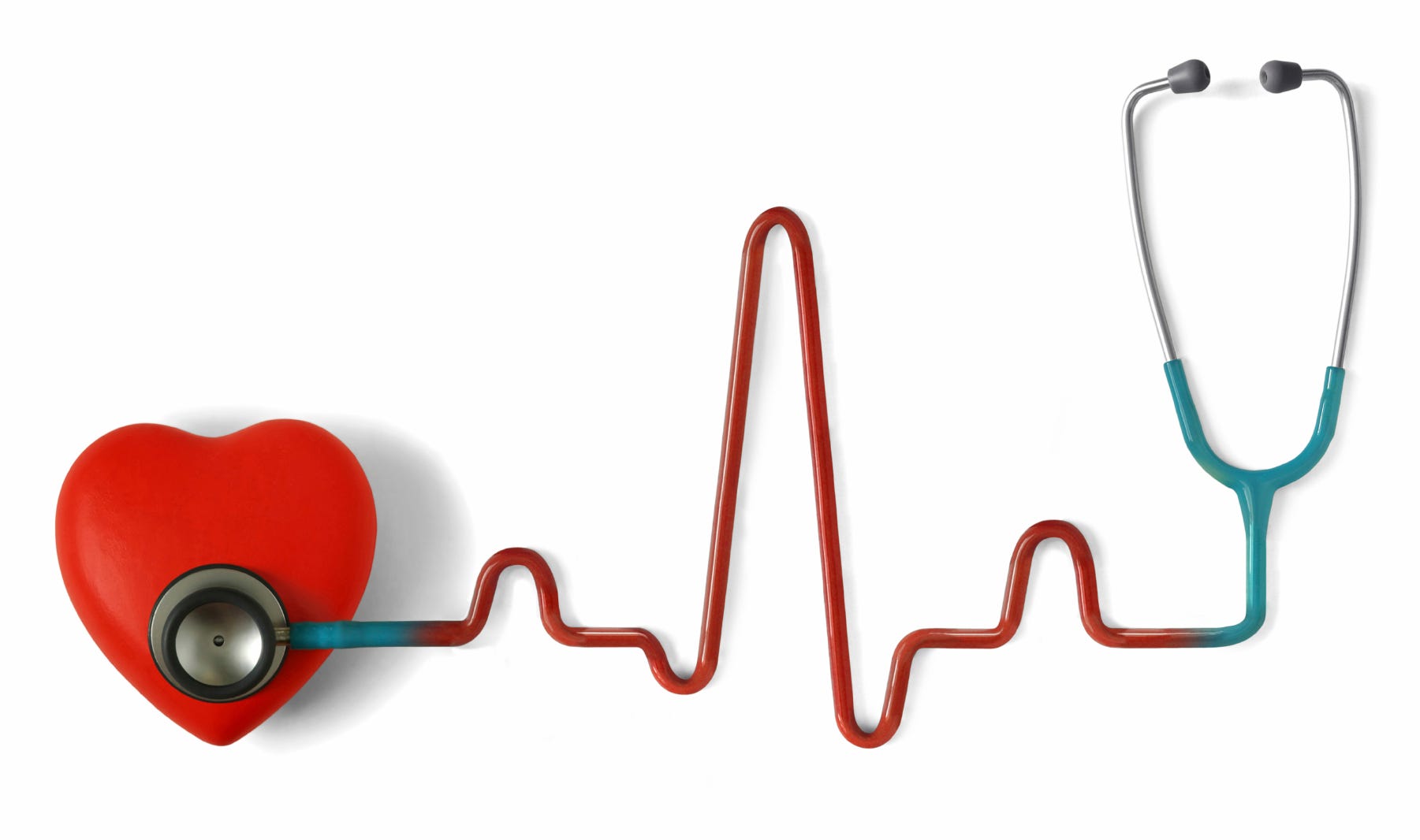 Stethoscope with red heart and ECG-line tubing on white background, symbolizing cardiac health monitoring.