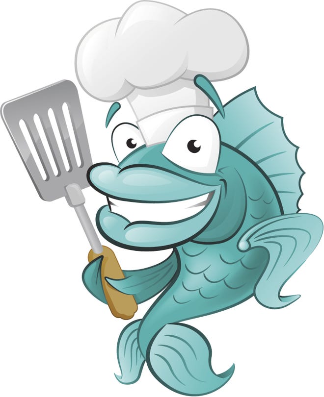 Cheerful cartoon fish chef wearing a white toque and holding a spatula, smiling broadly.