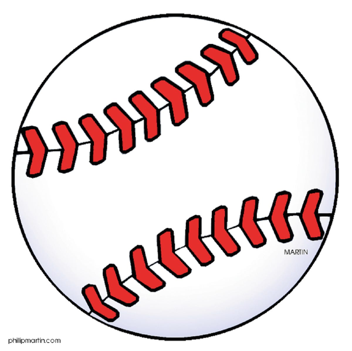 Simple cartoon-style baseball with red stitching and white surface, signed "MARTIN".