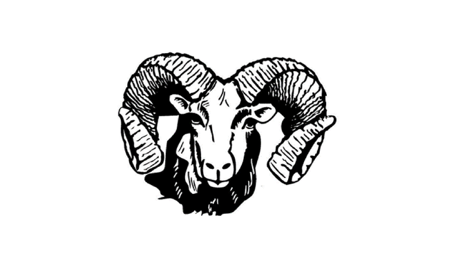 Black-and-white line drawing of a ram’s head with large, curved horns and detailed fur texture.