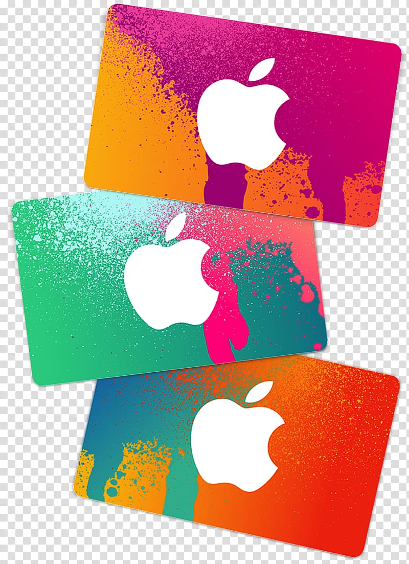 Three colorful Apple gift cards with vibrant paint-splatter designs and white Apple logos.