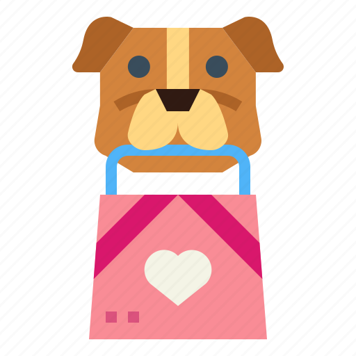 A cartoon brown dog holding a pink shopping bag with a white heart and purple stripes.