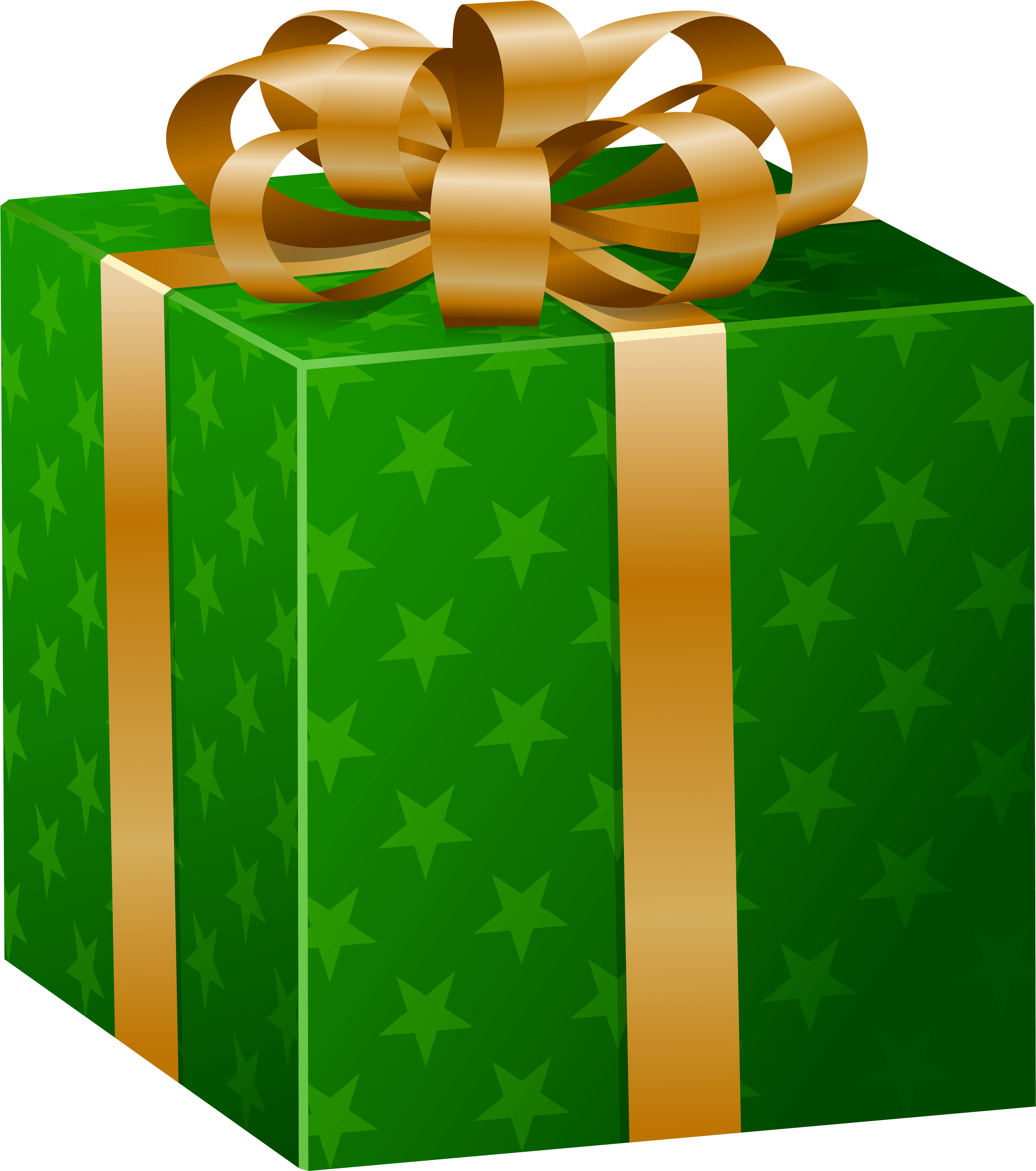 Green gift box with star pattern and gold ribbon bow, festive and elegant presentation.