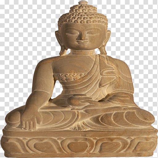 Stone sculpture of seated Buddha in meditation pose, with ushnisha and robe drapery details.