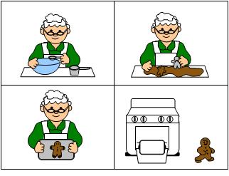 A cartoon chef prepares gingerbread cookies: mixing batter, rolling dough, cutting shapes, and baking in an oven.