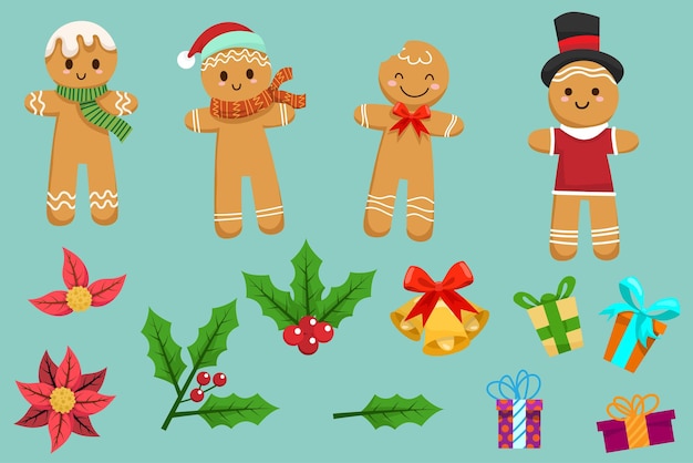 Four festive gingerbread men with holiday accessories and Christmas decorations including poinsettias, holly, bells, and gifts.