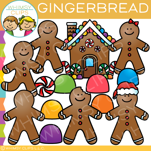 Cheerful gingerbread men, candy canes, gumdrops, and a decorated gingerbread house in colorful clip art style.