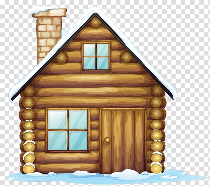 Cozy wooden log cabin with snow-covered roof, stone chimney, and windows, set against transparent background.