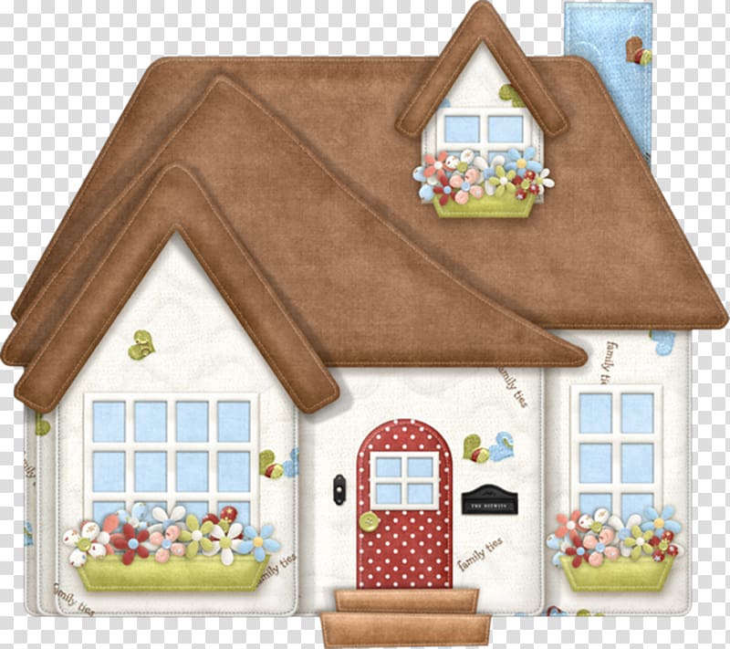 Charming illustrated house with brown roof, red polka-dot door, flower boxes, and "family ties" text details.