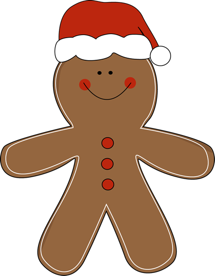 Smiling gingerbread man wearing a red Santa hat with white trim and three red buttons on his chest.