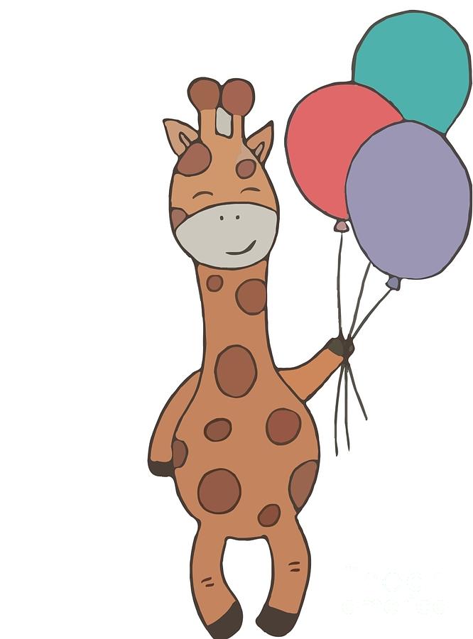 Smiling cartoon giraffe holding three colorful balloons (red, teal, purple).
