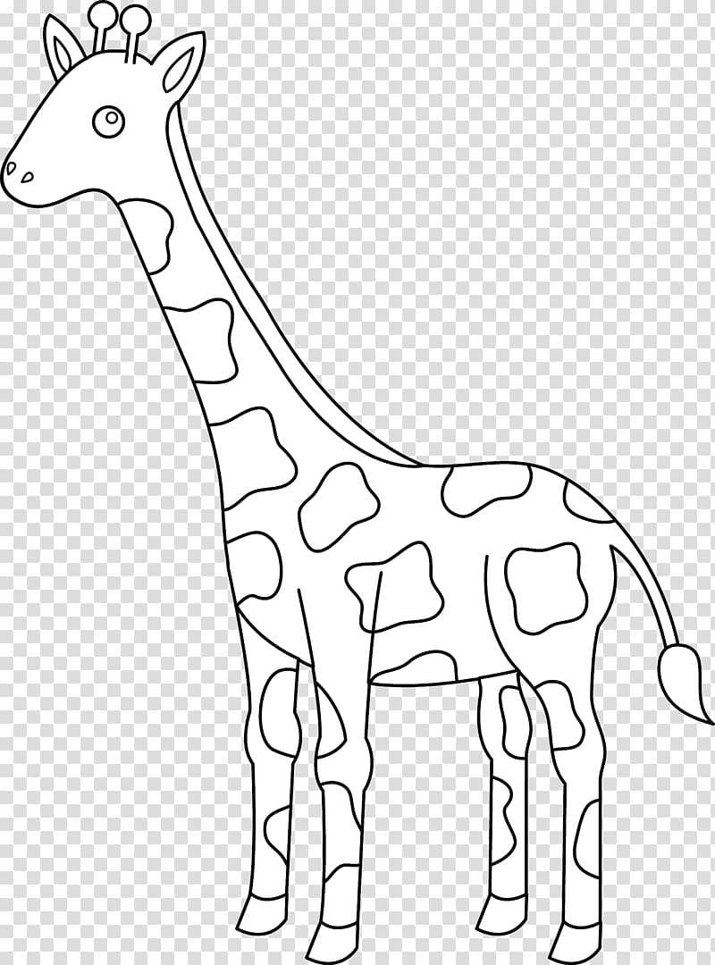 Black-and-white line drawing of a cartoon giraffe with spots, standing profile view on transparent background.