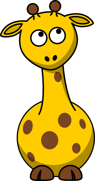 Cartoon yellow giraffe with brown spots, big eyes, and ossicones, sitting upright.