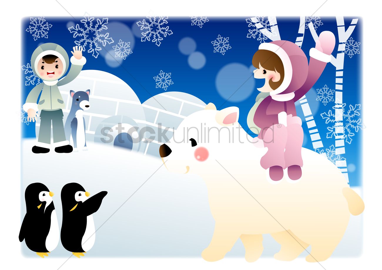 Children playing in snowy Arctic scene with polar bear, penguins, husky, and igloo under falling snowflakes.