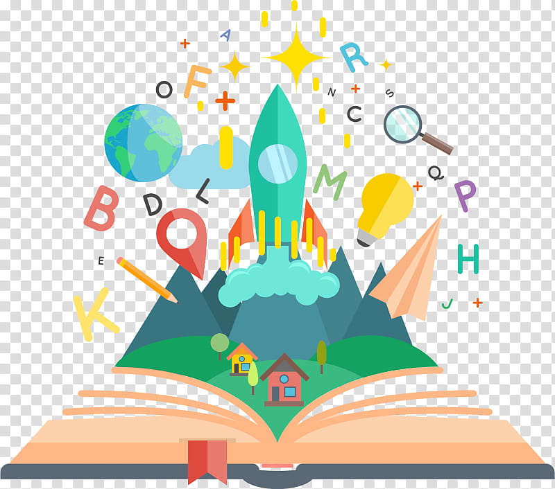 Open book launching a rocket into space surrounded by letters, globe, magnifying glass, lightbulb, and learning symbols.