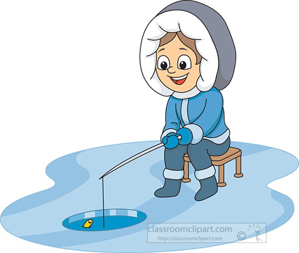 A smiling child in winter gear ice fishing on a frozen pond, sitting on a stool with a rod and a fish visible in the hole.