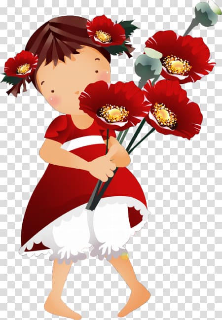 A cartoon girl in a red dress with white trim holds a bouquet of red poppies, with flowers in her hair.