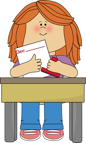 A smiling girl with red hair sits at a desk, holding a paper labeled "Date" and a red marker, ready to write.