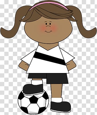 Cartoon girl with pigtails in soccer uniform standing beside a football.