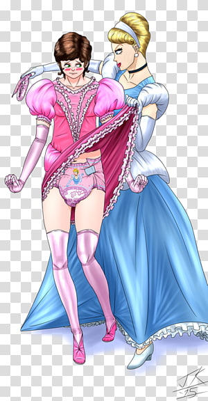 Two stylized female characters in elaborate costumes-one in pink with puffy sleeves and thigh-highs, the other in a classic blue ballgown-pose together.