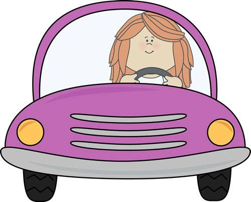 A cartoon girl with orange hair driving a purple vintage car with yellow headlights.