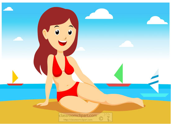 Smiling woman in red bikini sitting on sandy beach with sailboats and blue sky.