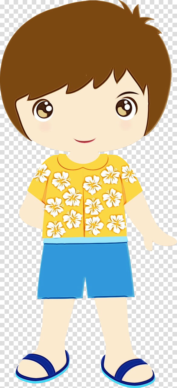 Cartoon boy with brown hair wearing yellow floral shirt, blue shorts, and sandals.