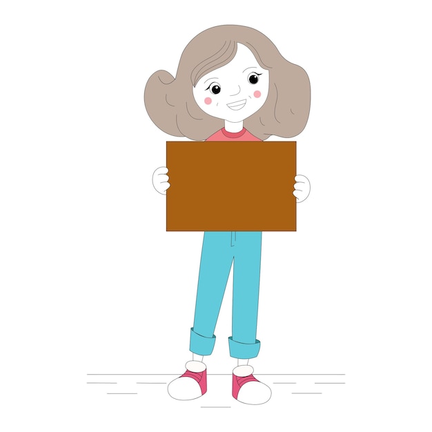 Smiling girl with brown hair holding a blank brown sign, wearing pink shirt and blue pants.
