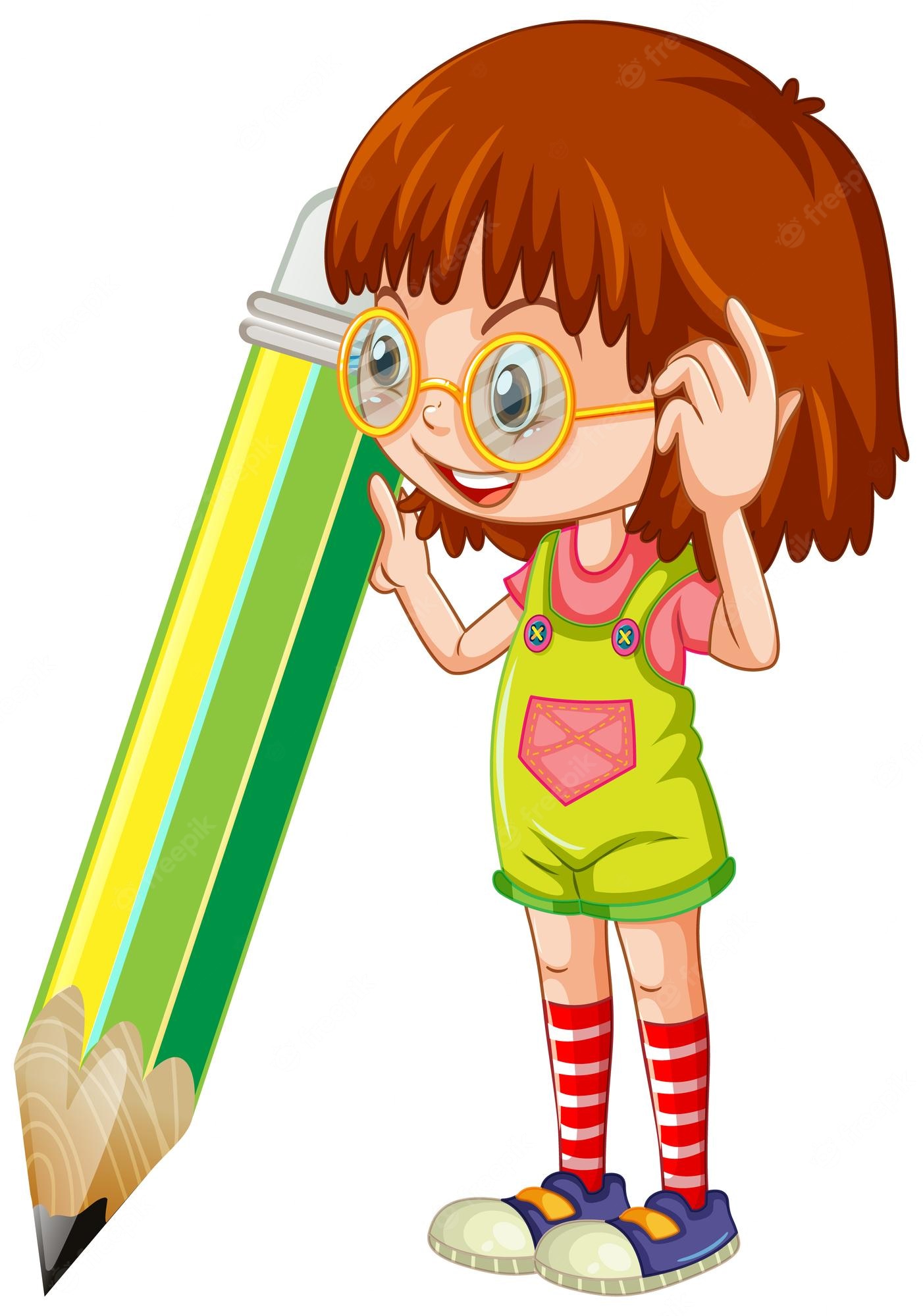 Cartoon Girl with Giant Pencil - Educational Illustration for Kids