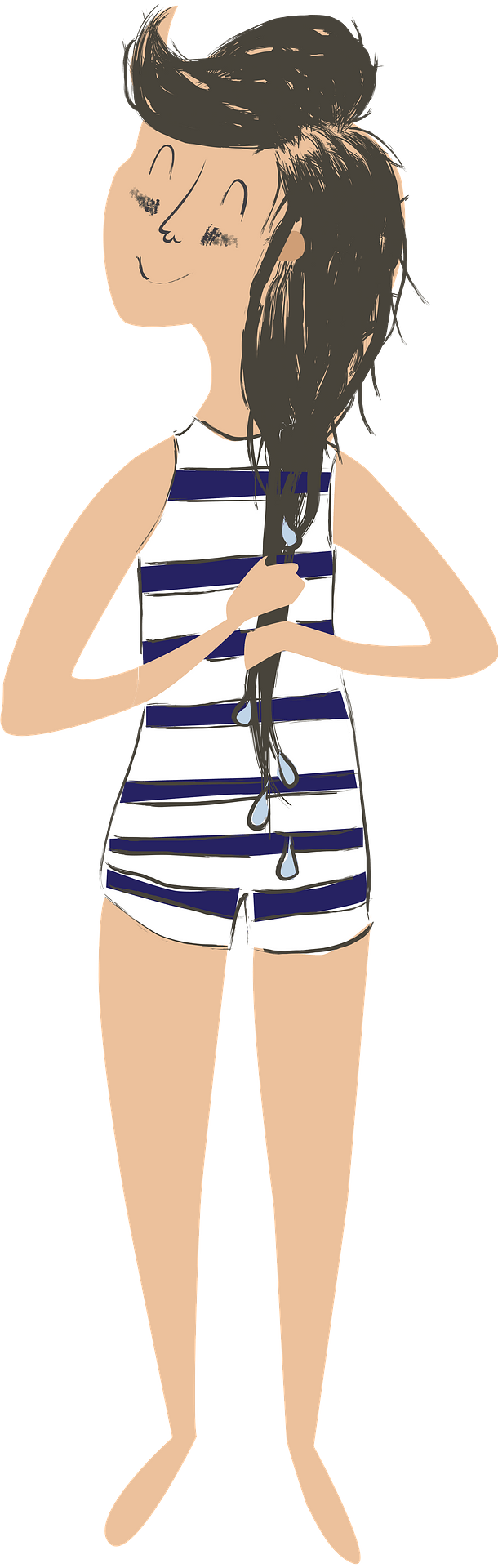 A smiling woman in a navy-and-white striped swimsuit wringing out her wet hair, water droplets falling.