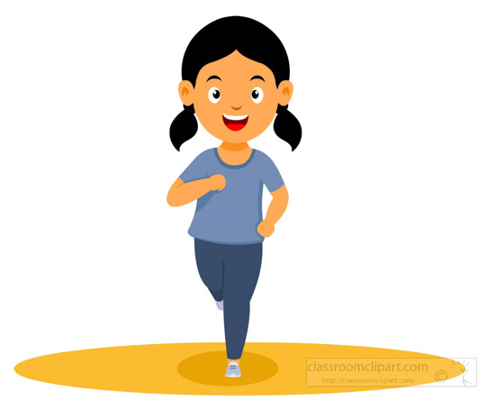 Smiling cartoon girl with pigtails jogging on a yellow oval path, wearing blue shirt and gray pants.