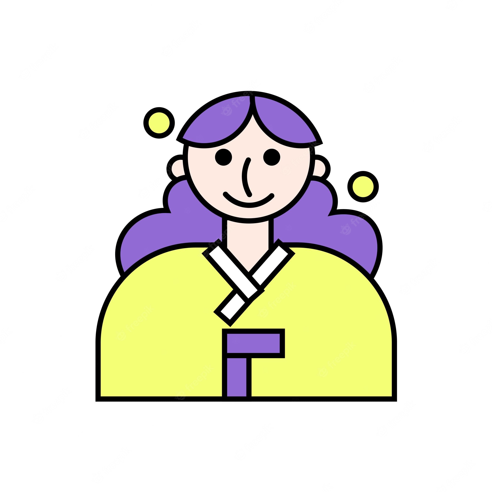 Smiling person in traditional Korean hanbok with purple hair and yellow top, illustrated in flat vector style.