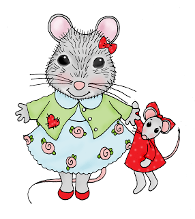 A mother mouse in a green cardigan and floral dress holds a smaller mouse in a red coat and bow.