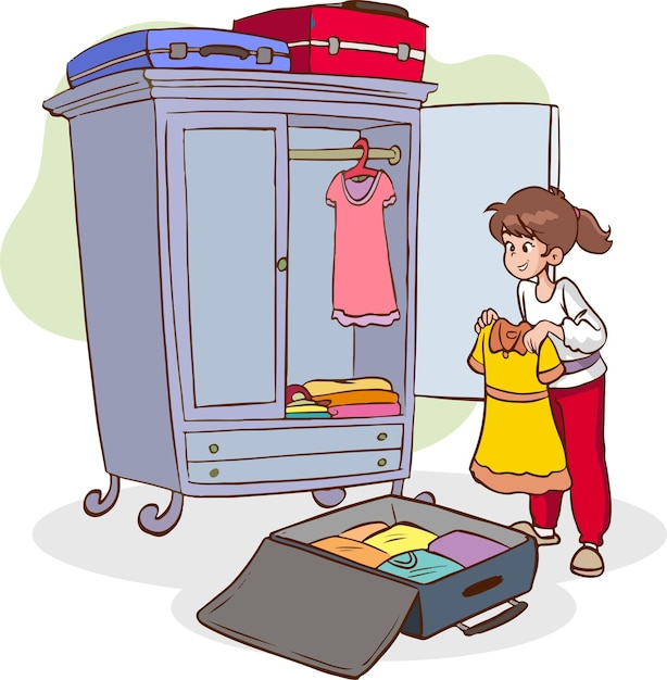 A girl packs clothes into a suitcase beside an open wardrobe with hanging and folded garments and luggage on top.