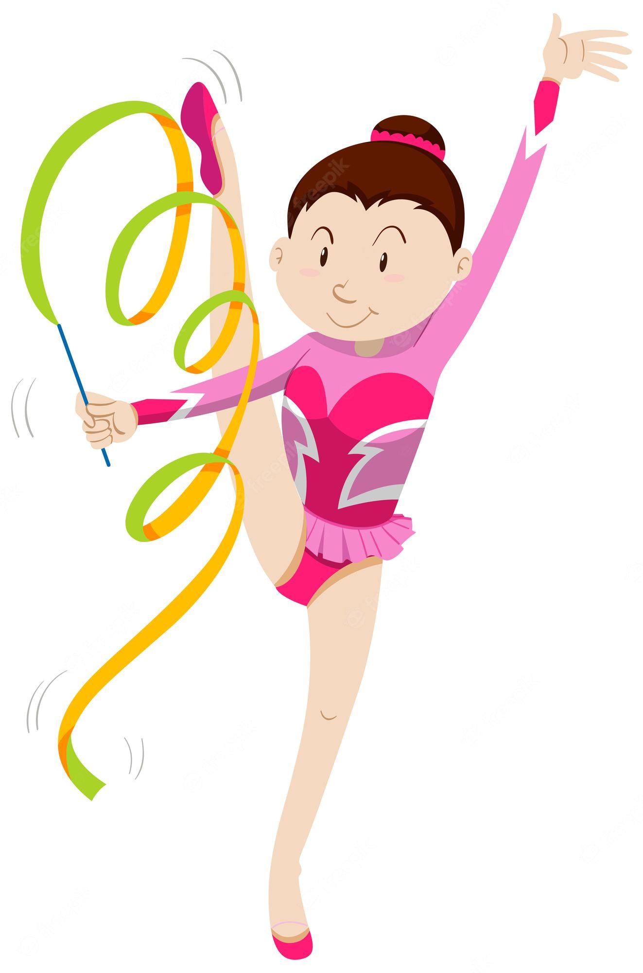 A smiling young rhythmic gymnast in a pink leotard performs with colorful ribbons, one leg extended high.
