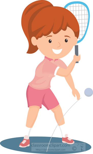 Smiling girl with red ponytail playing tennis, holding racket and hitting ball in pink sportswear.
