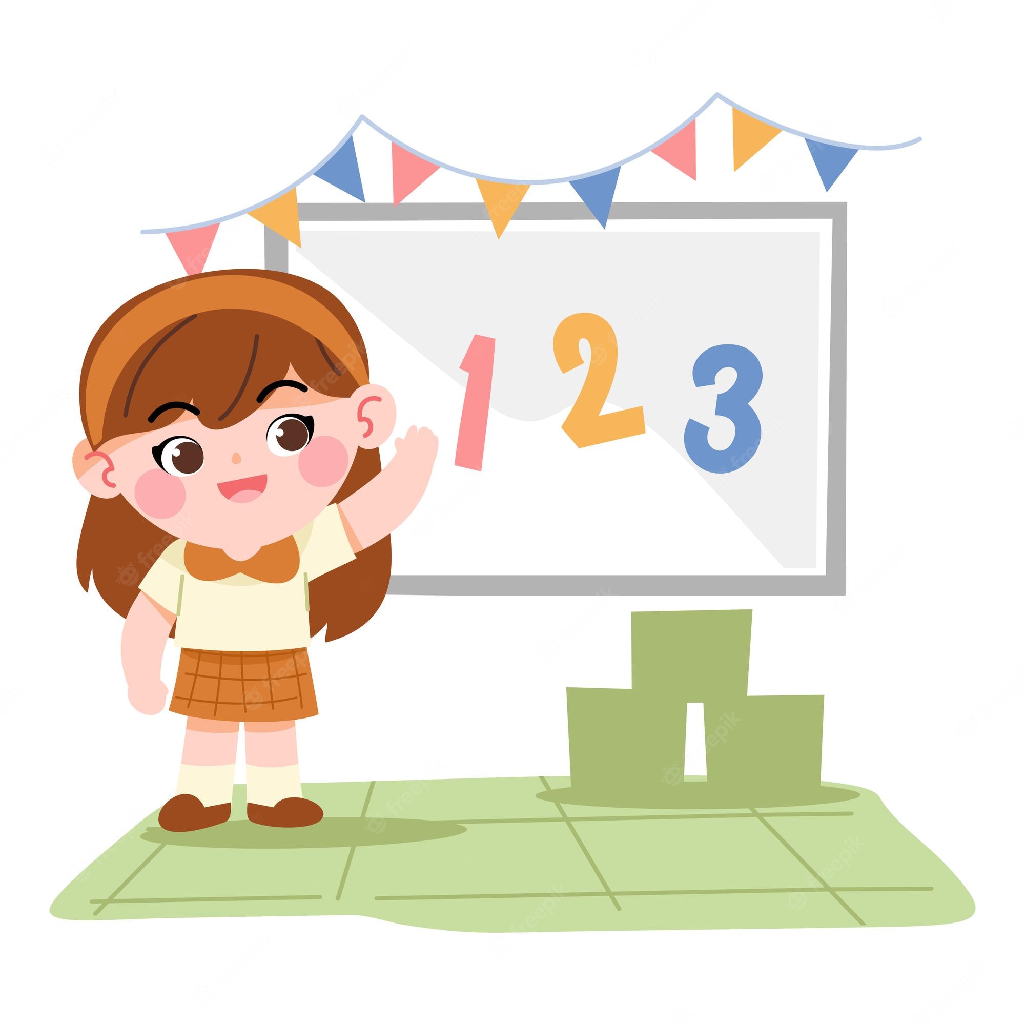 Smiling girl in school uniform pointing to numbers 1, 2, 3 on a whiteboard with colorful bunting above.