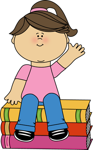 A smiling girl with brown hair in a ponytail sits on a stack of colorful books, waving her hand.